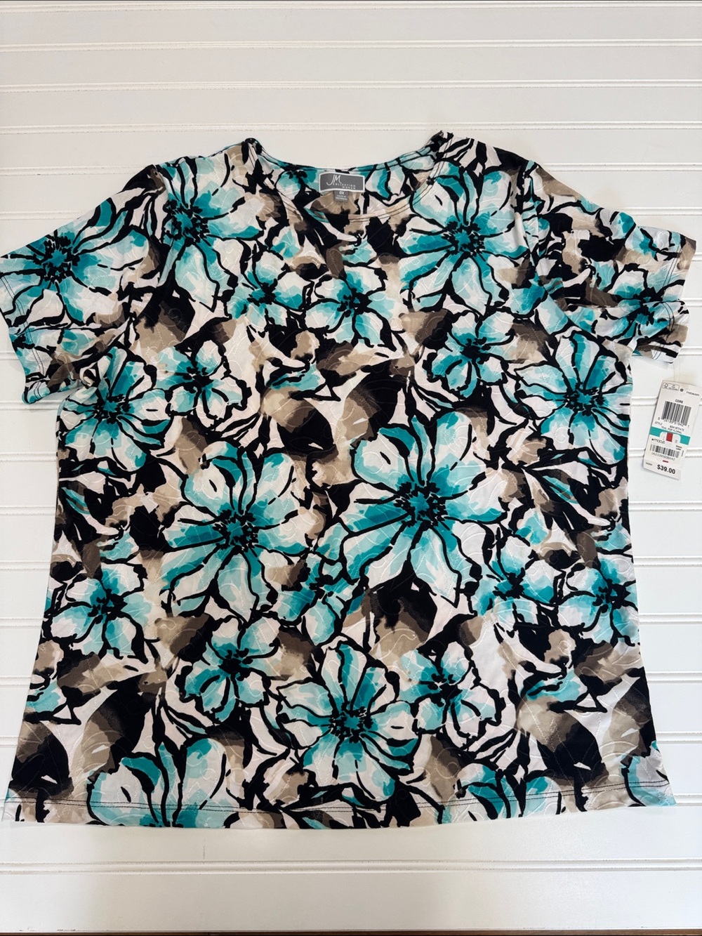 JM Collection OX Plus size Short Sleeve Teal Pop Floral Blouse